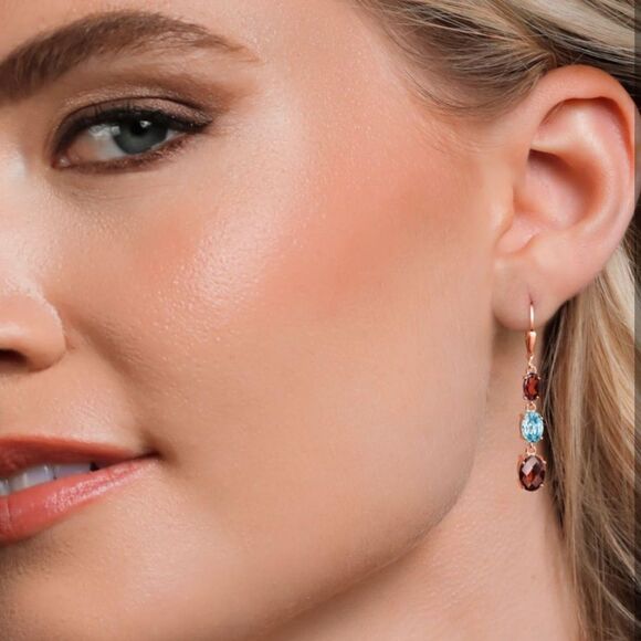 18K Rose Gold with 6.71 Cttw 3 Stone Garnet and Blue Zircon Leverback Earrings - Picture 3 of 5